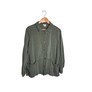 Nicole Miller Linen Blend Button Up Olive Green Size Large Pockets Button Up